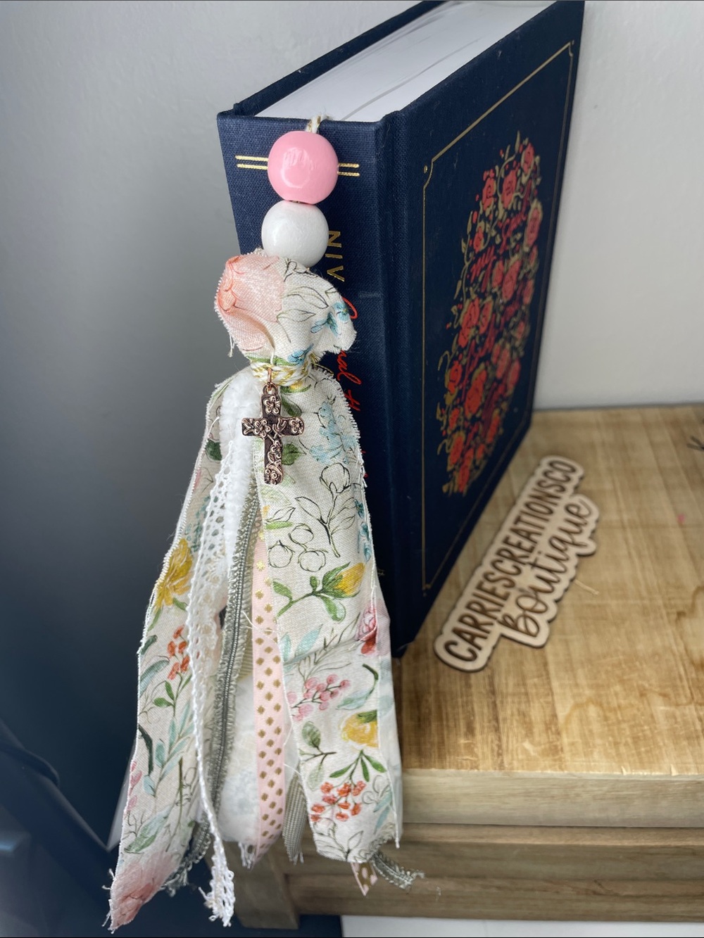Floral Fabric Bible Tassel with Pink Beads & Cross Charm